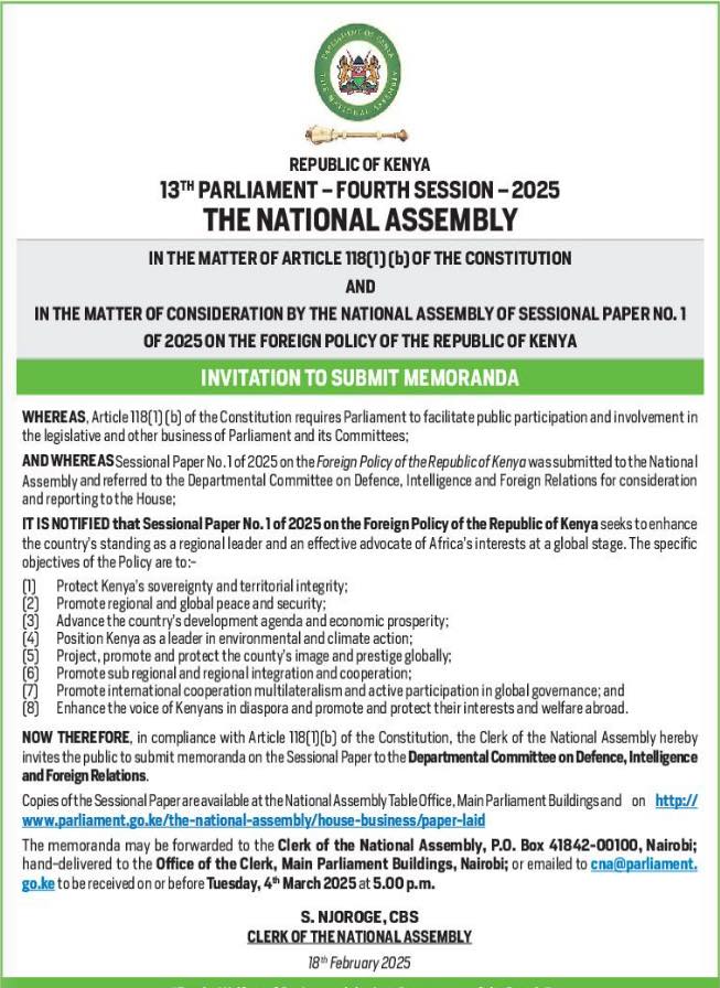 National Assembly invites you to share your perspectives on the Sessional Paper No. 1 of 2025 on the Foreign Policy of the Republic of Kenya