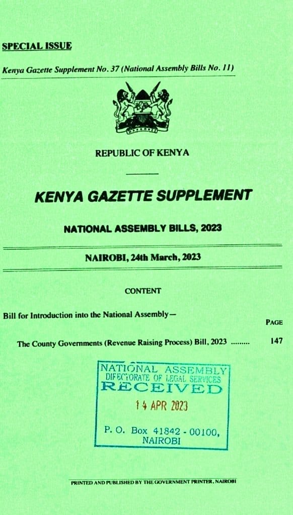 The National Assembly has approved the County Governments (Revenue Raising Process) Bill (National Assembly Bill No. 11 of 2023)