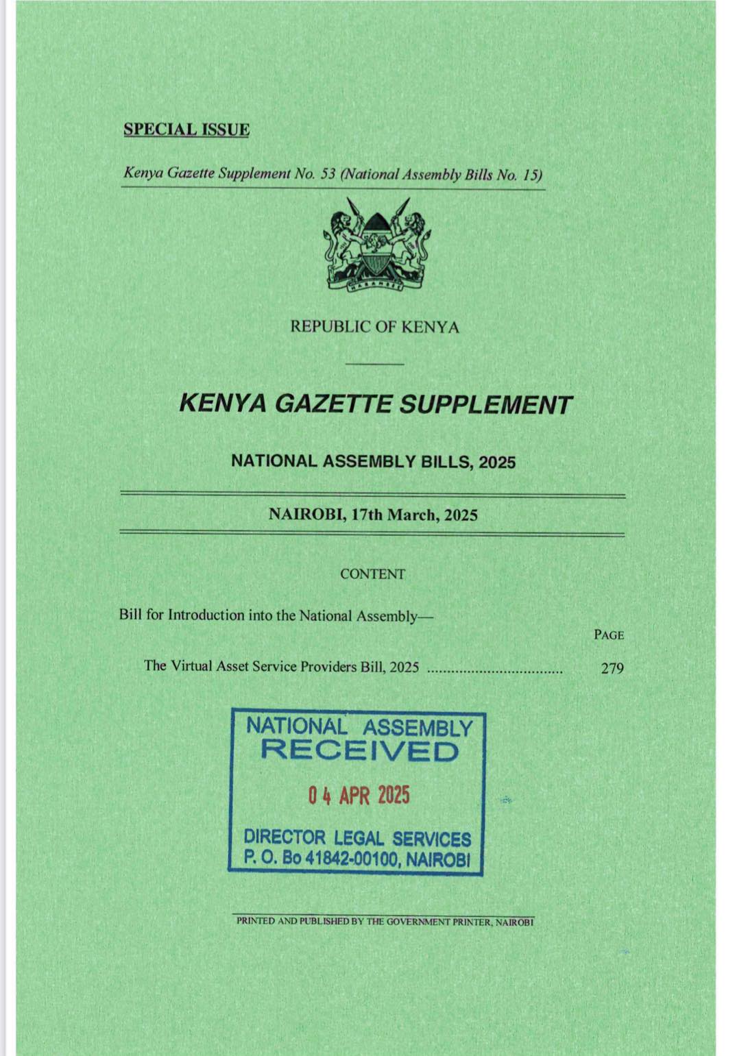 Mswada wa Watoa Huduma za Rasilmali Pepe wa 2025 (Virtual Assets Service Providers Bill, 2025)